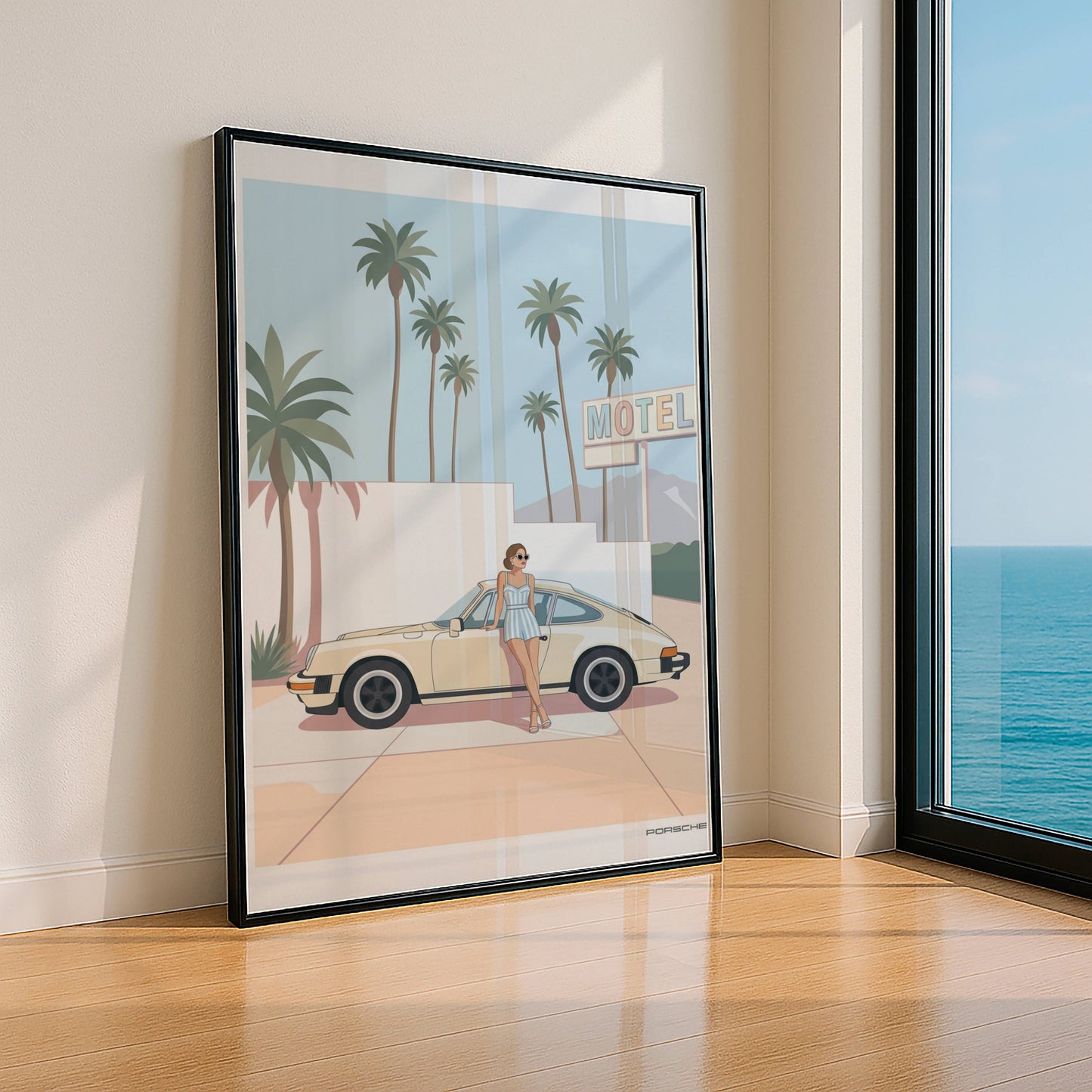 Affiche Porsche Vintage devant Motel Rétro – Californian Dream & Lifestyle Estival | Poster Automobile Chic