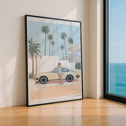 Affiche Porsche Vintage devant Motel Rétro – Californian Dream & Lifestyle Estival | Poster Automobile Chic