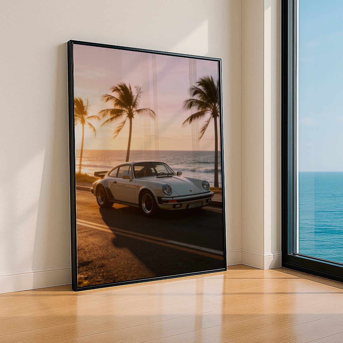 Affiche Porsche Classique en Bord de Mer – Route Côtière au Coucher du Soleil | Poster Automobile Vintage