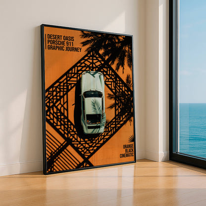 Affiche Porsche 911 Vue Aérienne Vintage – Design Graphique Orange & Noir | Poster Automobile Rétro Premium
