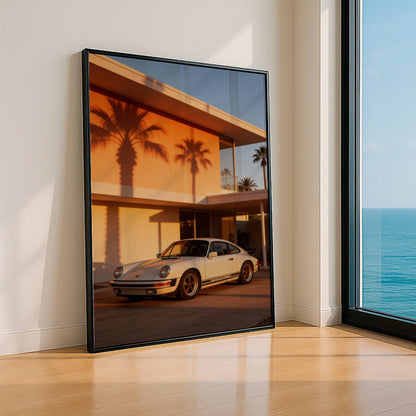 Affiche Porsche Classique devant Villa Moderniste – Architecture de Luxe & Design Rétro | Poster Automobile Premium