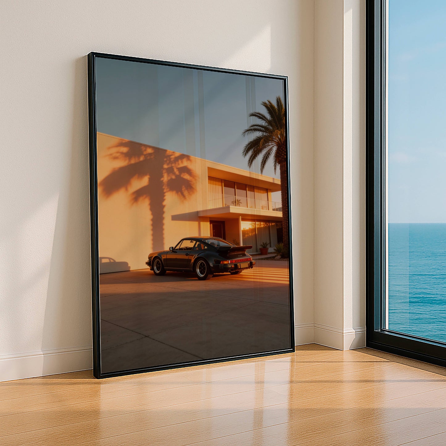 Affiche Porsche 911 Noire & Architecture Contemporaine – Jeu d’Ombres Graphiques et Lumière Dorée | Poster Design Automobile