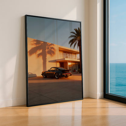 Affiche Porsche 911 Noire & Architecture Contemporaine – Jeu d’Ombres Graphiques et Lumière Dorée | Poster Design Automobile