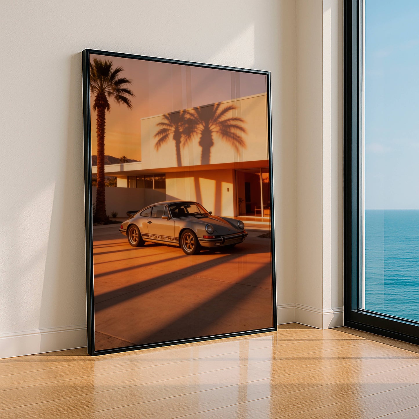 Affiche Porsche 911 au Coucher du Soleil – Lumière Californienne & Ombres de Palmiers | Poster Automobile Vintage Premium
