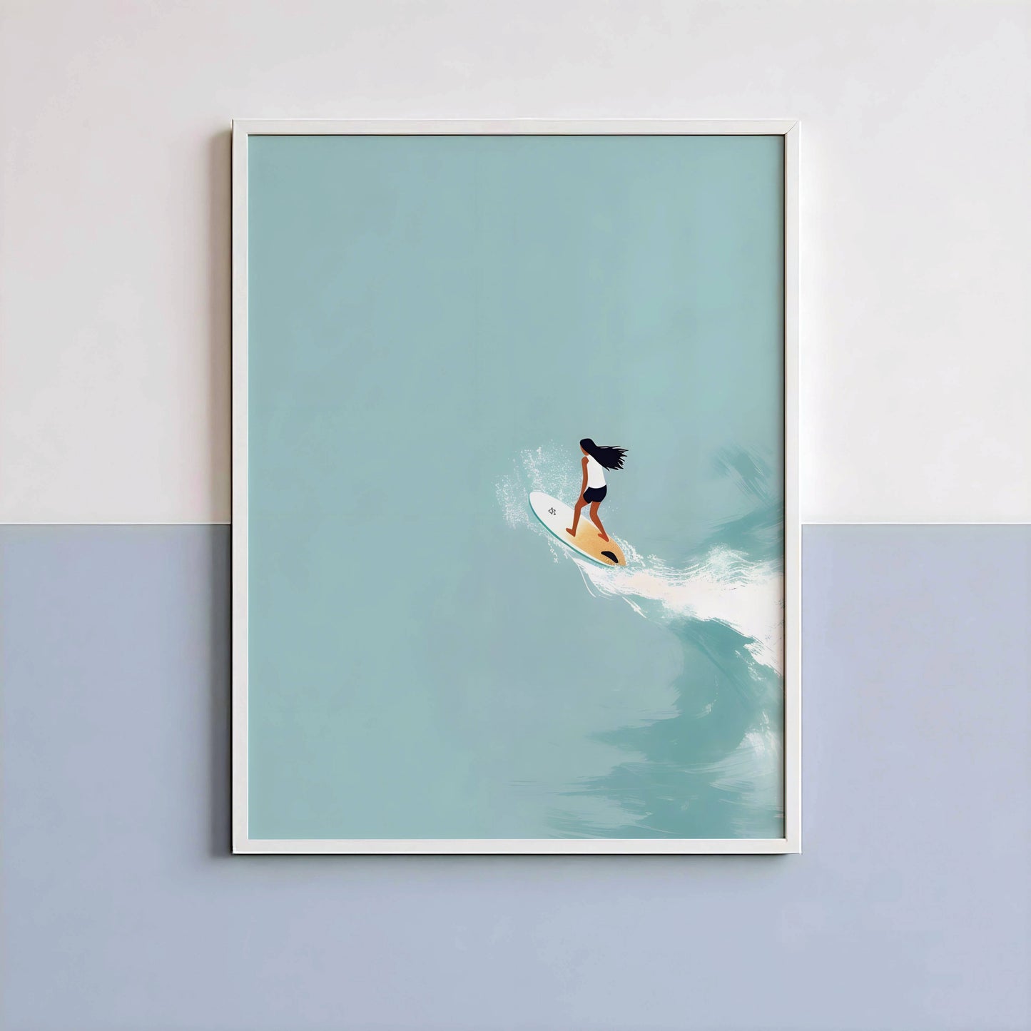 Affiche Surfeuse Minimaliste – Vague Océanique et Esprit Surf | Poster sur Papier Mat