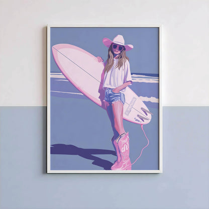 Affiche Surfeuse Vintage sur la Plage – Esprit Surf Bohème et Évasion Côtière | Poster Art Mural
