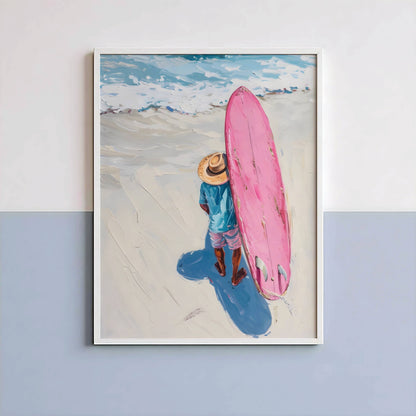 Affiche Trendy Surfeur et Planche Rose – Esprit Plage et Évasion Estivale | Poster sur Papier Mat