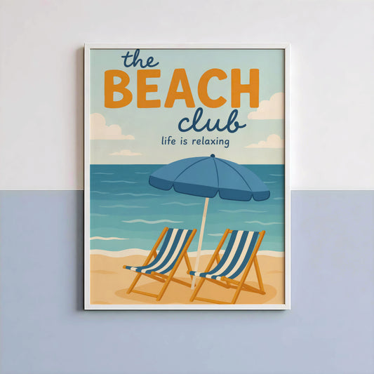 The Beach Club Poster, Vintage Coastal Wall Art, Beach Umbrella Print, Retro Summer Decor, Ocean View Artwork