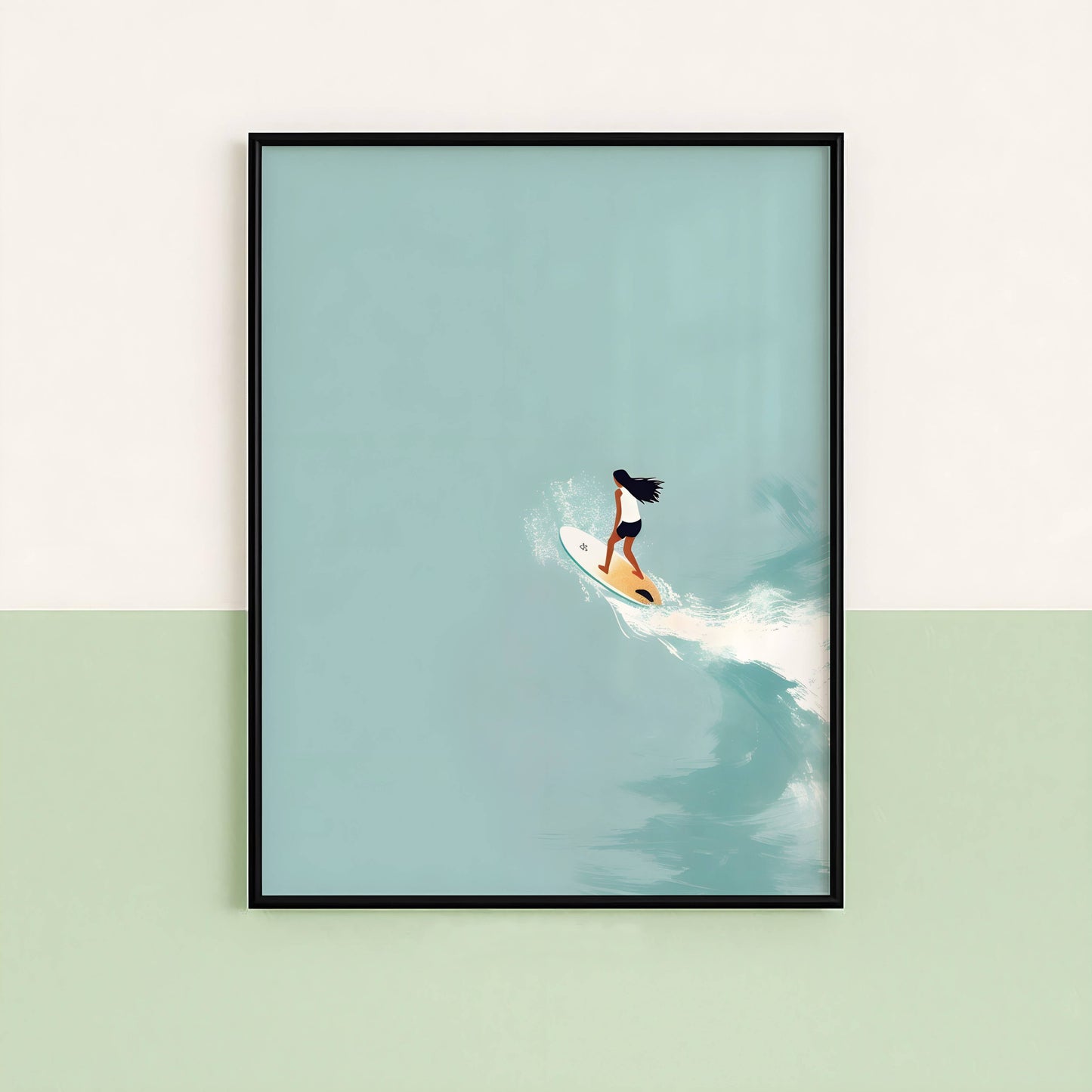 Affiche Surfeuse Minimaliste – Vague Océanique et Esprit Surf | Poster sur Papier Mat