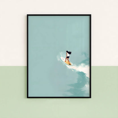 Affiche Surfeuse Minimaliste – Vague Océanique et Esprit Surf | Poster sur Papier Mat