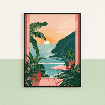Affiche Terrasse Tropicale au Coucher du Soleil – Vue sur l’Océan et Évasion Paradisiaque | Poster sur Papier Mat