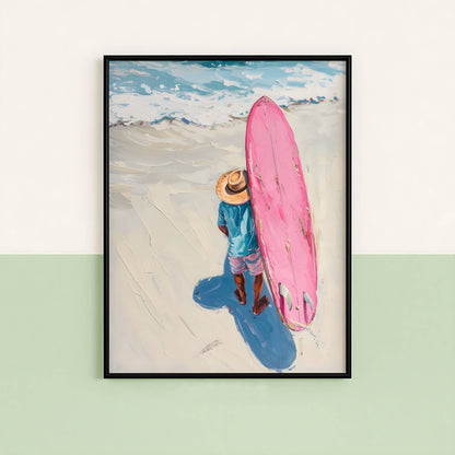 Affiche Trendy Surfeur et Planche Rose – Esprit Plage et Évasion Estivale | Poster sur Papier Mat
