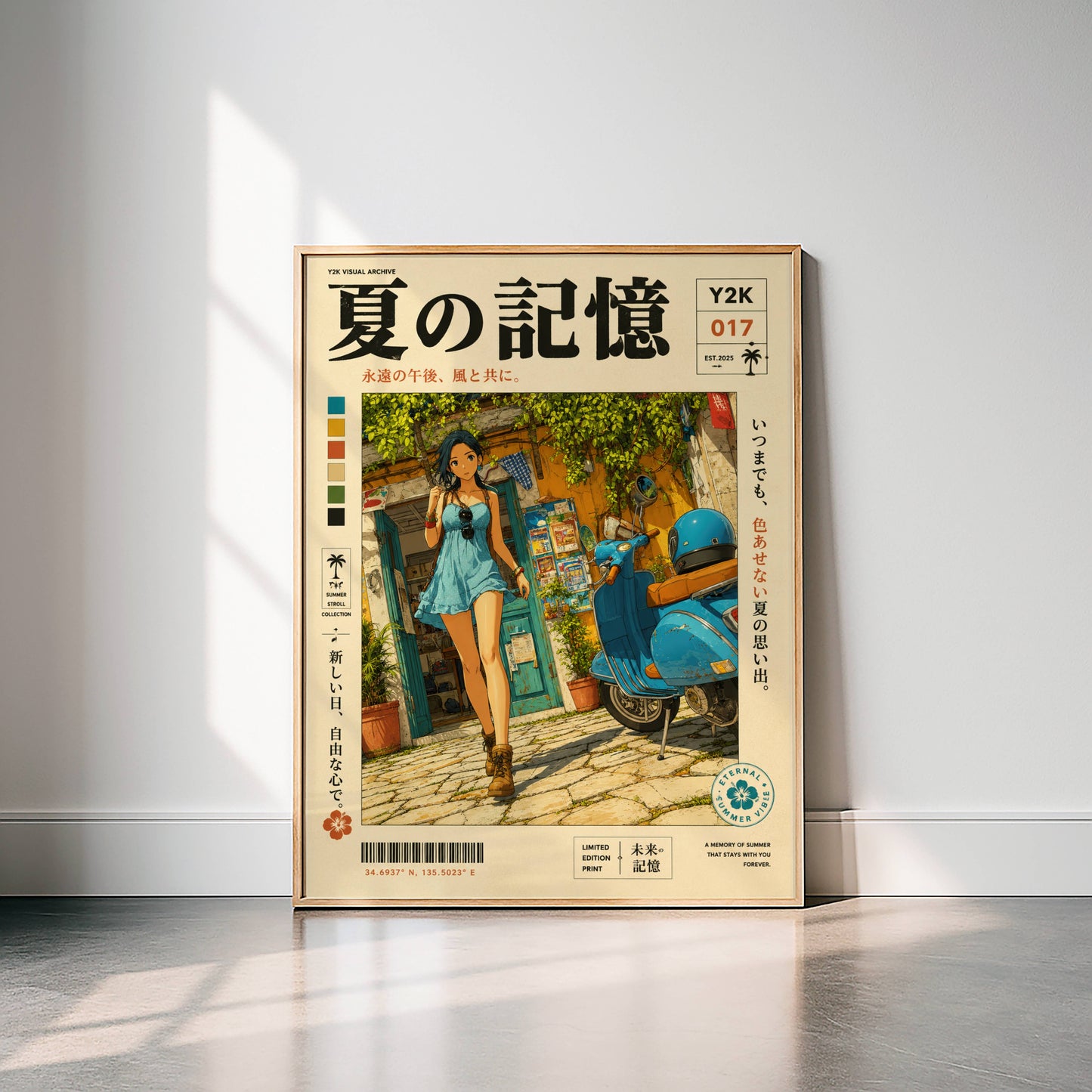 Mediterranean Summer Stroll – Y2K Scooter Girl Poster, Vintage Coastal Village, Anime Aesthetic Wall Art