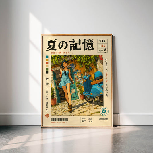 Mediterranean Summer Stroll – Y2K Scooter Girl Poster, Vintage Coastal Village, Anime Aesthetic Wall Art