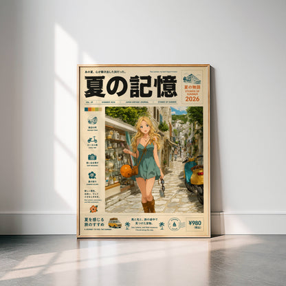 Golden Hour Stroll – Y2K Mediterranean Summer Poster, Blonde Girl in Coastal Village, Vintage Holiday Magazine Cover Art