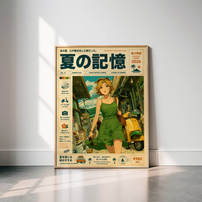 Emerald Summer Runaway – Y2K Coastal Poster, Green Dress Girl & Yellow Vespa, Mediterranean Village Wall Art