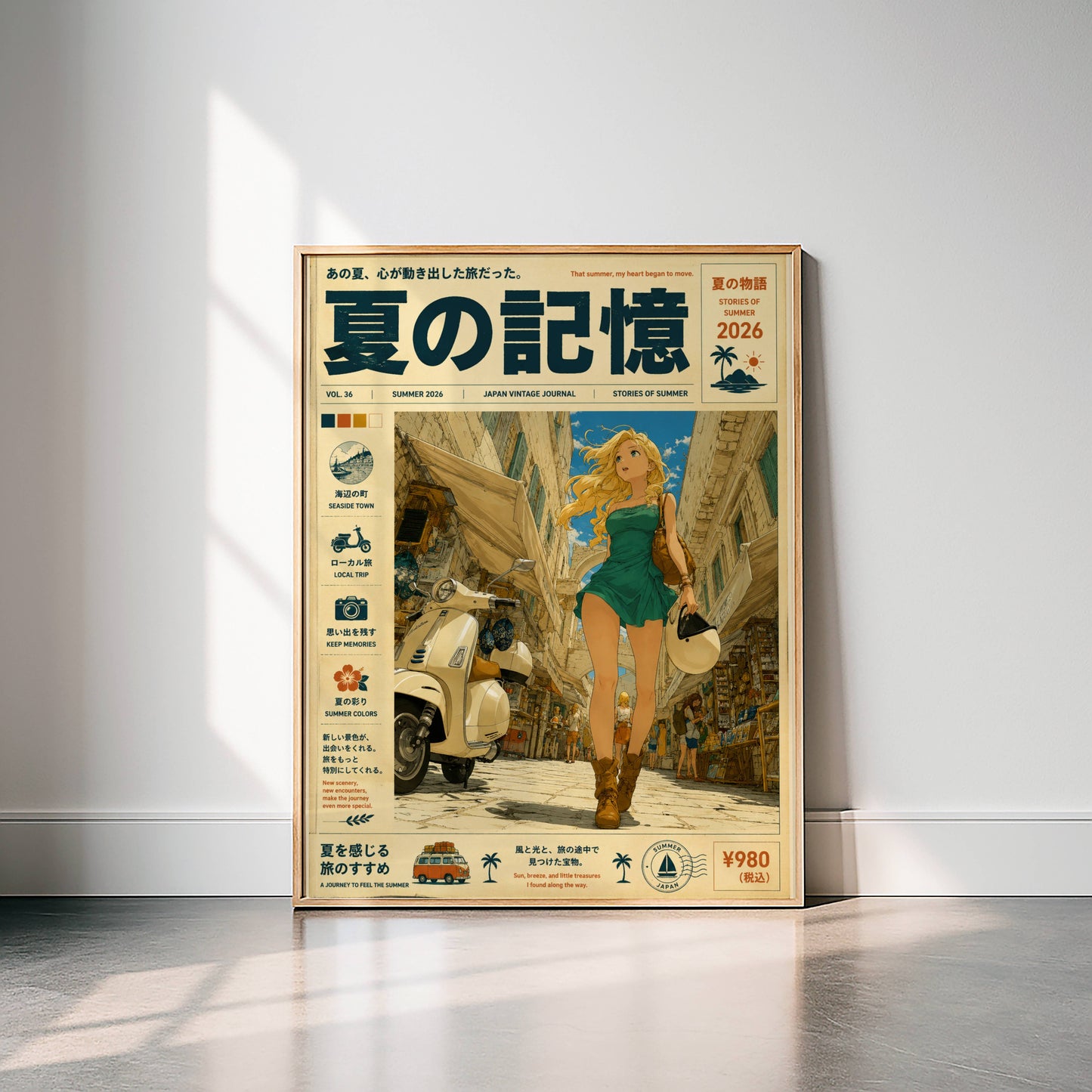 Scooter Alley Daydream – Y2K Summer Girl Poster, Blonde Traveler in Mediterranean Streets, Vintage Coastal Wall Art