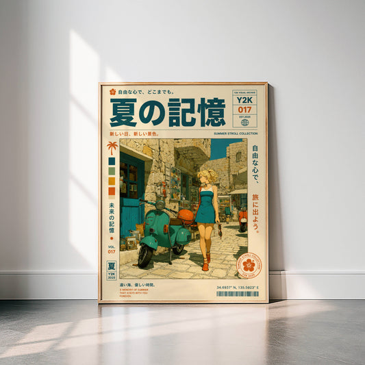 Scooter Rendez-vous – Y2K Summer Girl Poster, Mediterranean Stone Village, Vintage Vespa Aesthetic, Coastal Holiday Wall Art