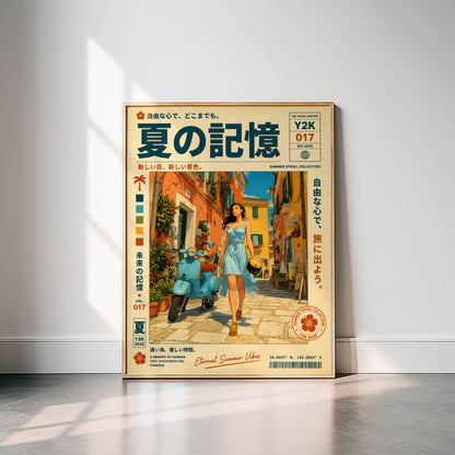 Sunlit Vespa Boulevard – Y2K Mediterranean Summer Poster, Blue Scooter Girl, Coastal Village Wanderlust, Vintage Travel Art
