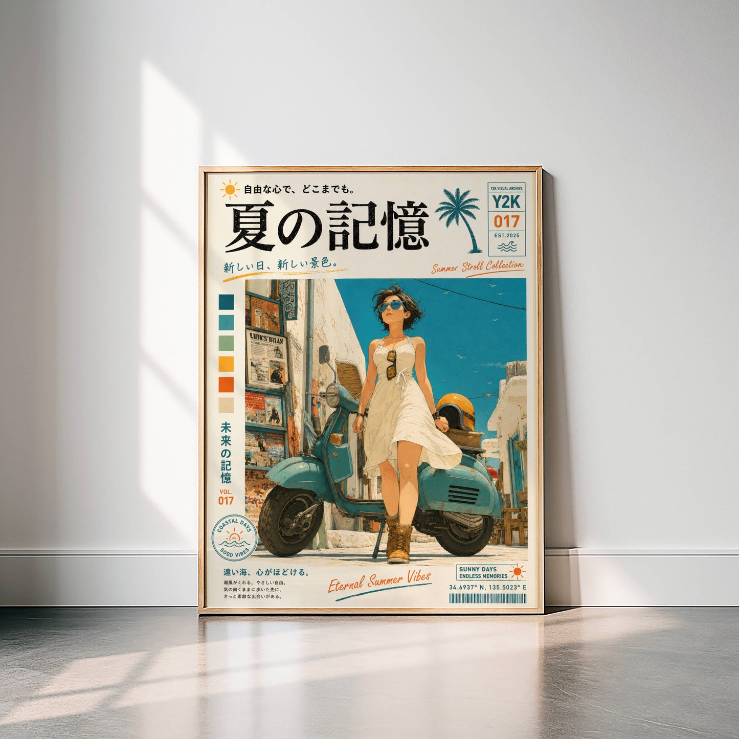 White Dress, Blue Horizons – Y2K Mediterranean Summer Poster, Vintage Scooter Aesthetic, Seaside Escape Wall Art, Coastal Dreamscape
