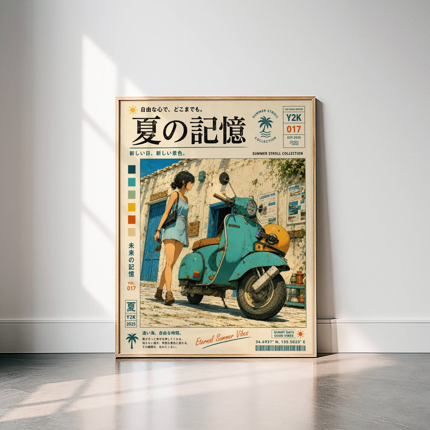 Blue Vespa Afternoon – Y2K Summer Memories Poster, Mediterranean Scooter Girl, Vintage Coastal Street Scene, Retro Travel Print