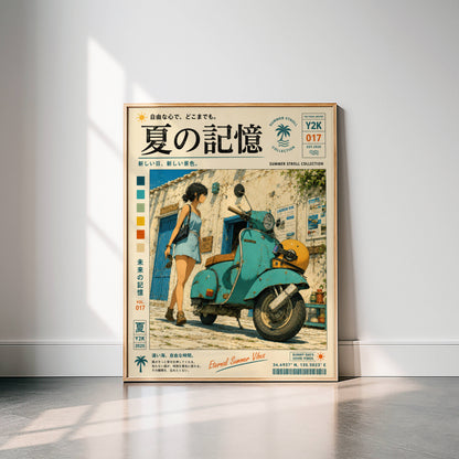 Blue Vespa Afternoon – Y2K Summer Memories Poster, Mediterranean Scooter Girl, Vintage Coastal Street Scene, Retro Travel Print