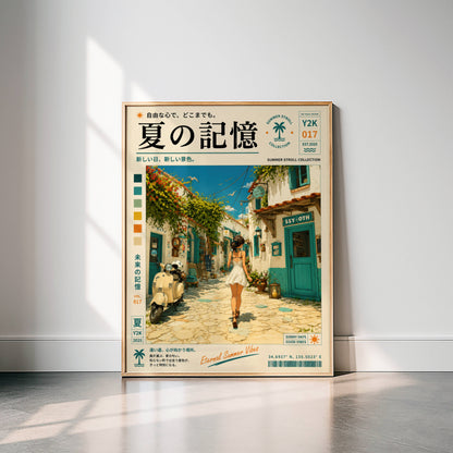 Mediterranean White Streets – Y2K Summer Girl Poster, Sunlit Coastal Village, Vintage Holiday Aesthetic, Seaside Wanderlust Print