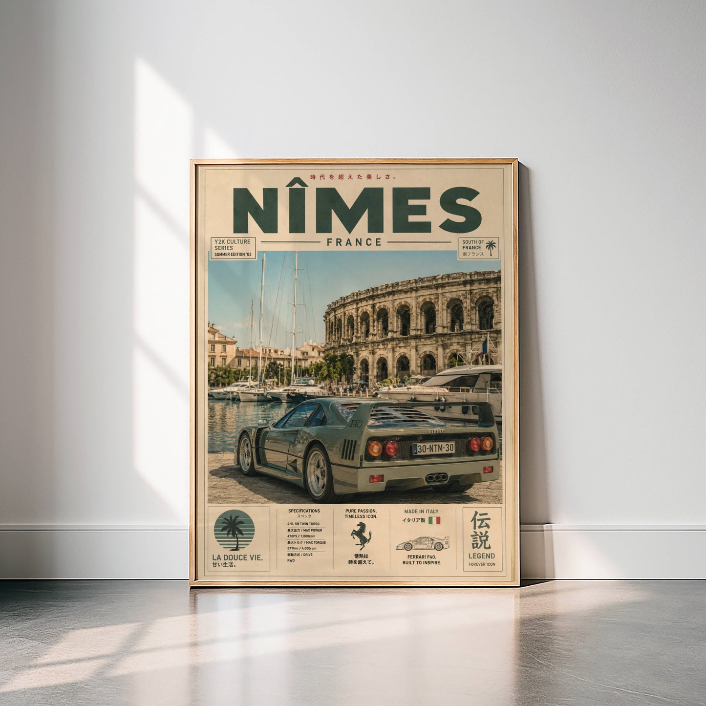 Ferrari F40 Nîmes Vintage Travel Poster – Affiche Automobile Rétro France & Supercar Iconique