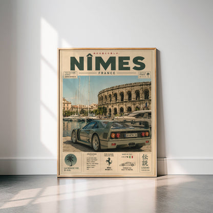Ferrari F40 Nîmes Vintage Travel Poster – Affiche Automobile Rétro France & Supercar Iconique