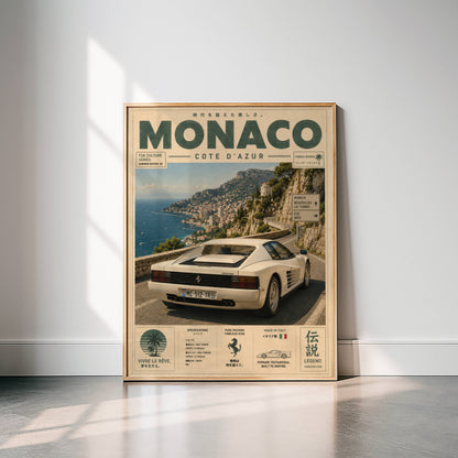 Ferrari Testarossa Monaco Riviera Poster – Affiche Vintage Côte d’Azur & Supercar Italienne
