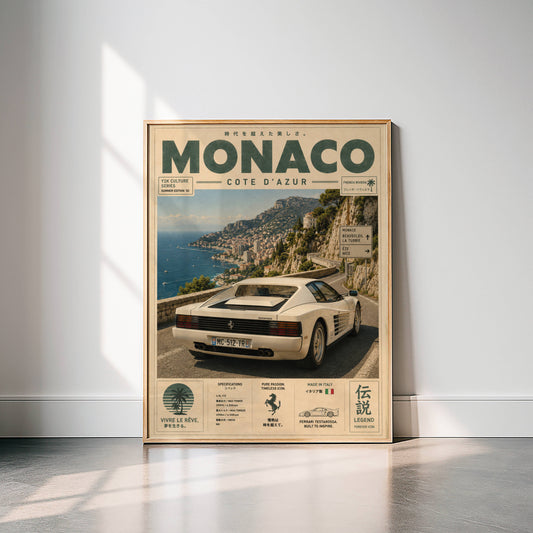 Ferrari Testarossa Monaco Riviera Poster – Affiche Vintage Côte d’Azur & Supercar Italienne