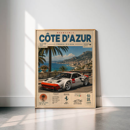 Ferrari 244 GTK Côte d’Azur Poster Vintage – Affiche Riviera Française & Voiture de Collection