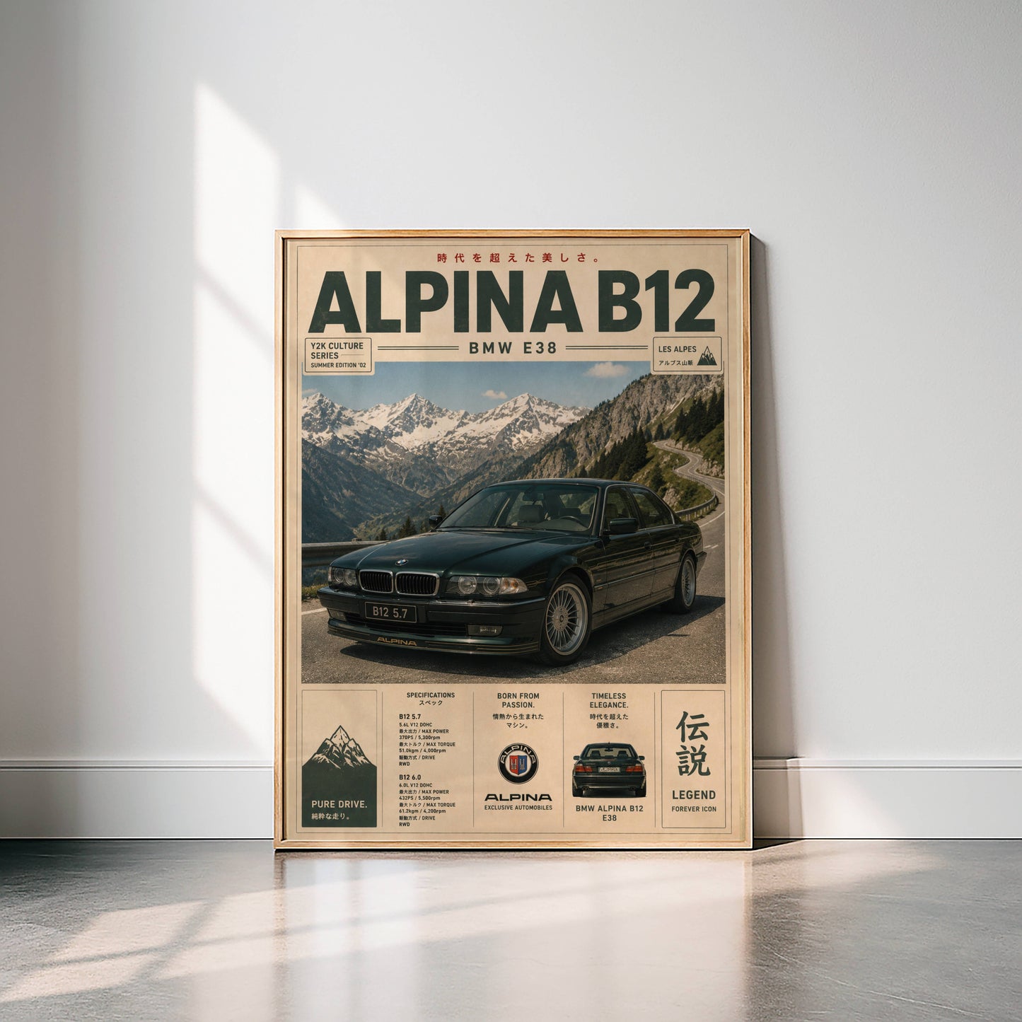 BMW Alpina B12 E38 Mountain Pass Poster – Affiche Automobile Vintage Alpes & Youngtimer de Prestige
