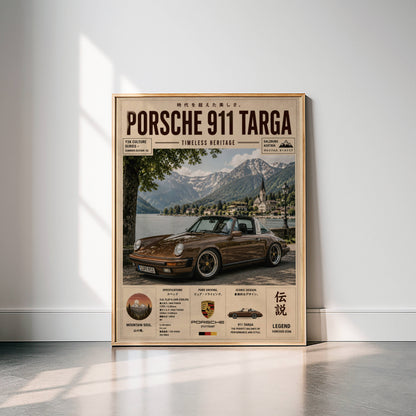 Porsche 911 Targa Alpine Escape Poster – Affiche Vintage Automobile Classique & Paysages de Montagne