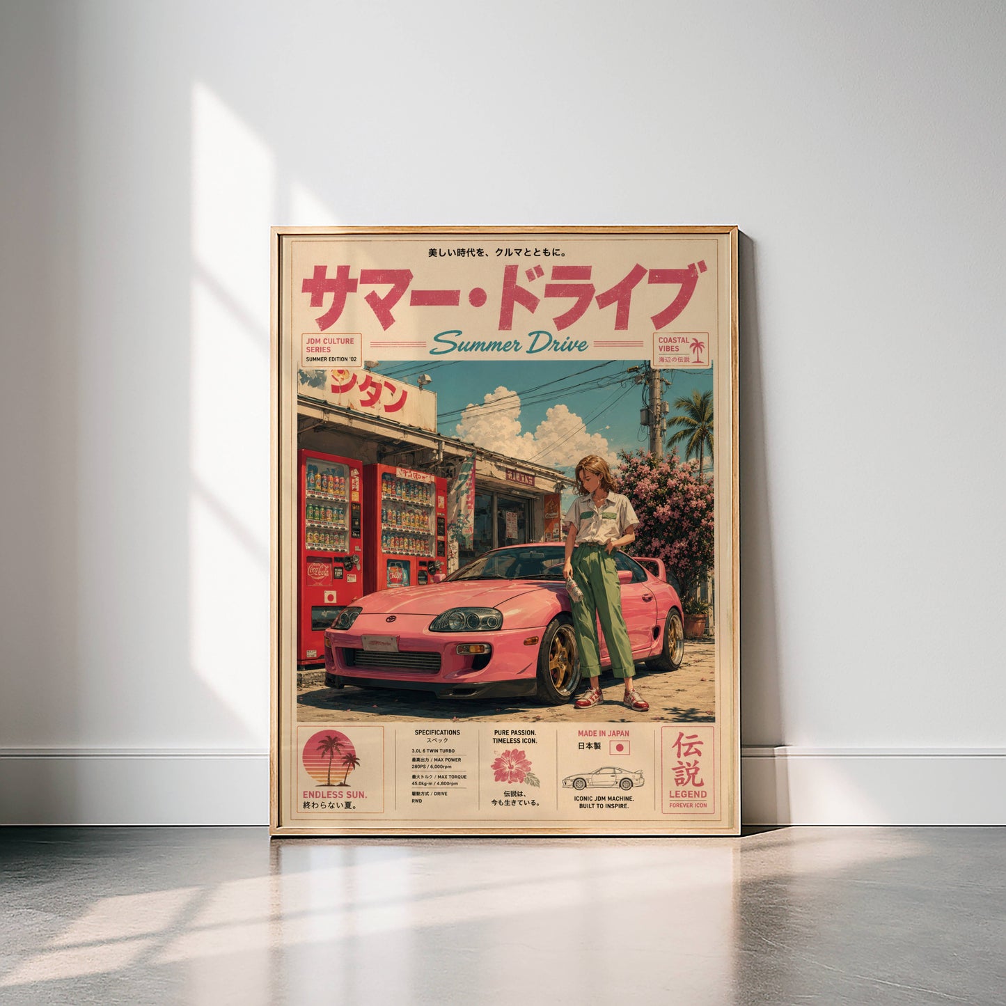 Toyota Supra MK4 Summer Drive Poster – Affiche JDM Japonaise Vintage Rose Style Y2K