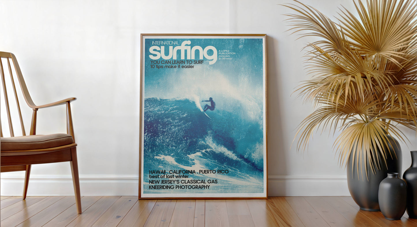 Poster Surf Rétro – Rider sur vague tropicale