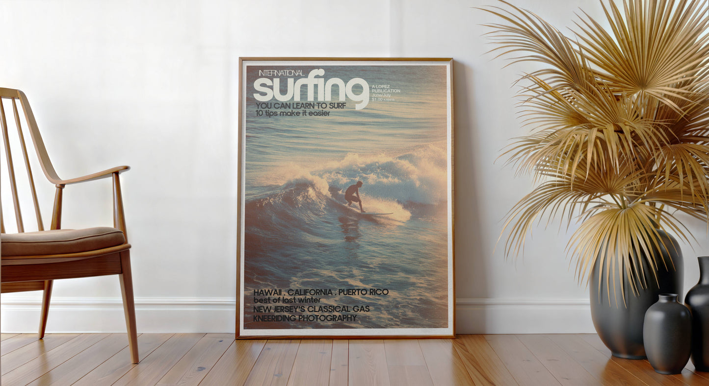 Affiche Surf Sunset – Surfeur rétro lumière dorée
