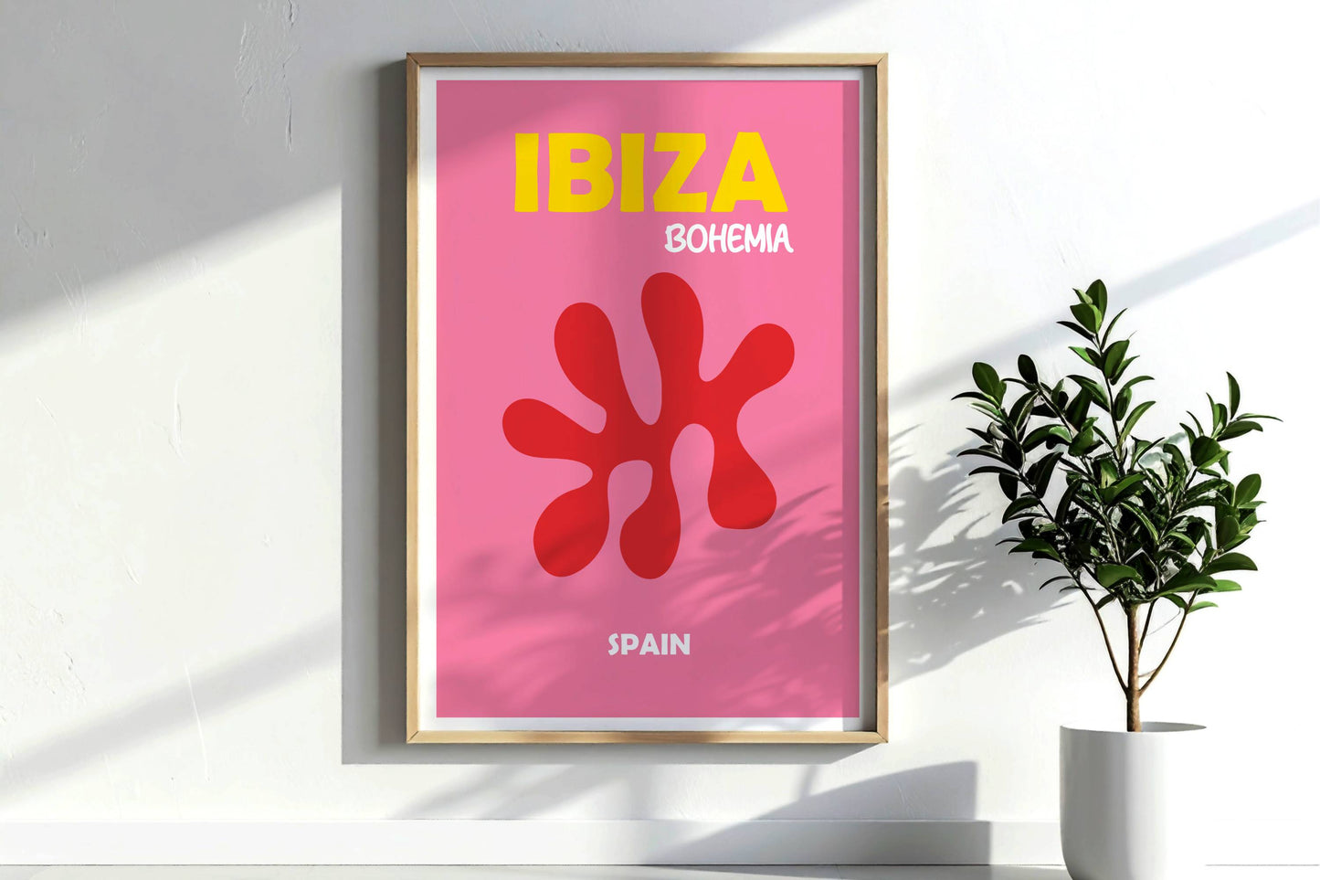 Ibiza Bohemia Poster Pink Wall Art, Ibiza Print, Boho Summer Decor, Framed or Unframed Coastal Artwork