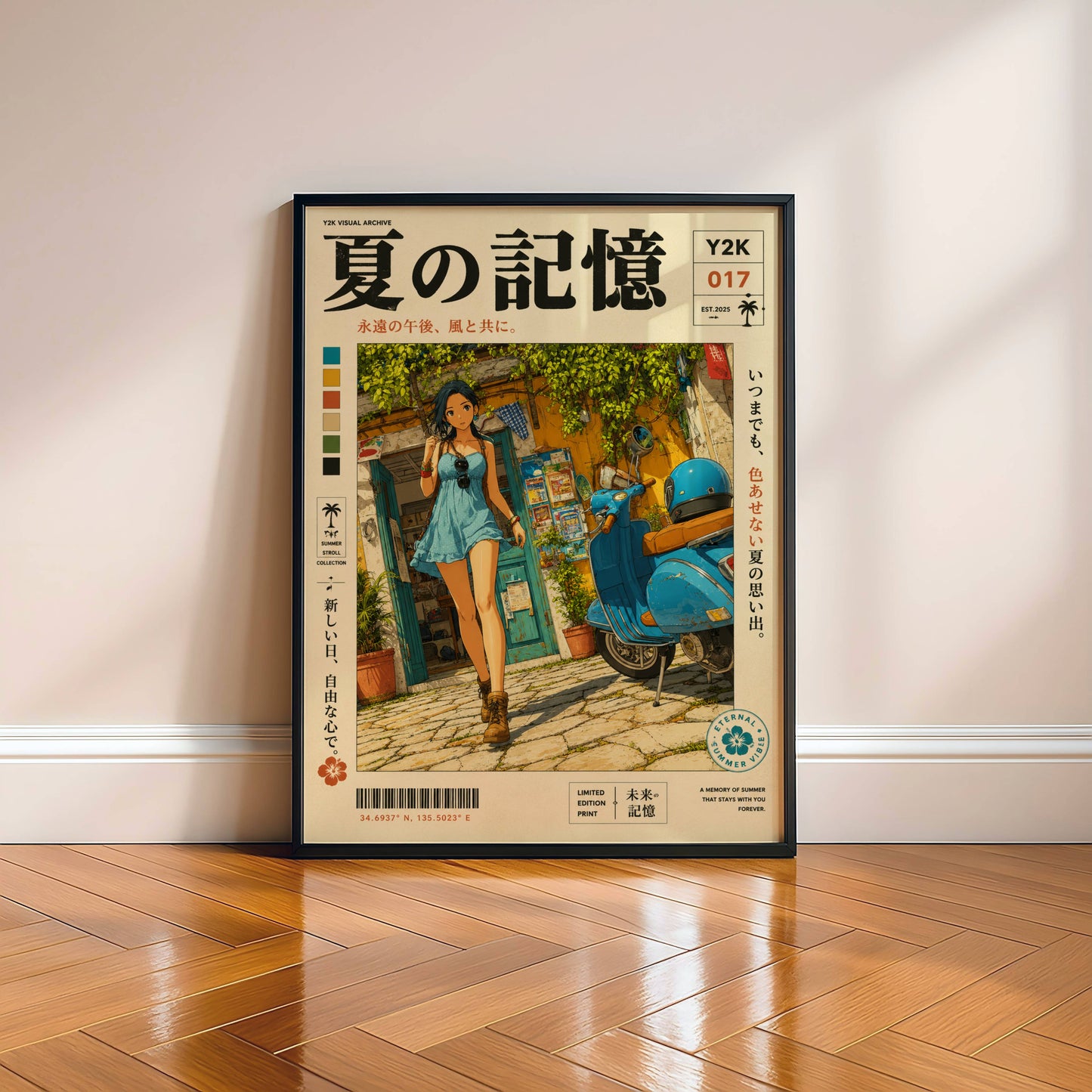 Mediterranean Summer Stroll – Y2K Scooter Girl Poster, Vintage Coastal Village, Anime Aesthetic Wall Art