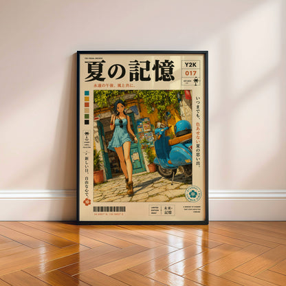 Mediterranean Summer Stroll – Y2K Scooter Girl Poster, Vintage Coastal Village, Anime Aesthetic Wall Art
