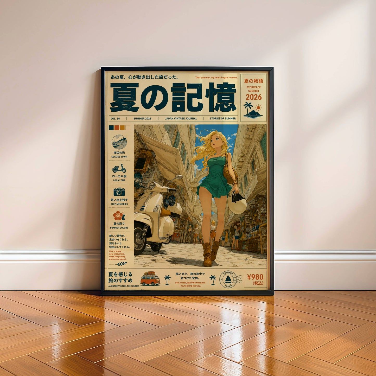 Scooter Alley Daydream – Y2K Summer Girl Poster, Blonde Traveler in Mediterranean Streets, Vintage Coastal Wall Art