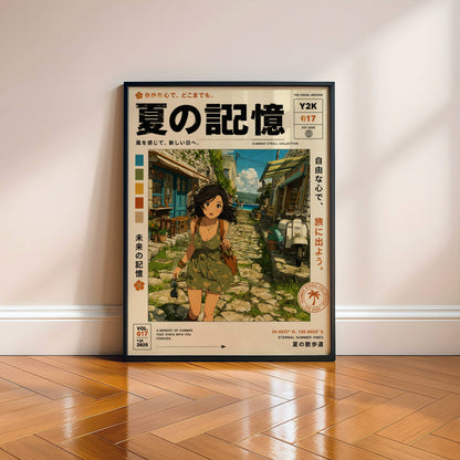 Sunlit Village Dreams – Y2K Summer Girl Poster, Mediterranean Alleyway, Coastal Escape, Retro Anime Wall Art