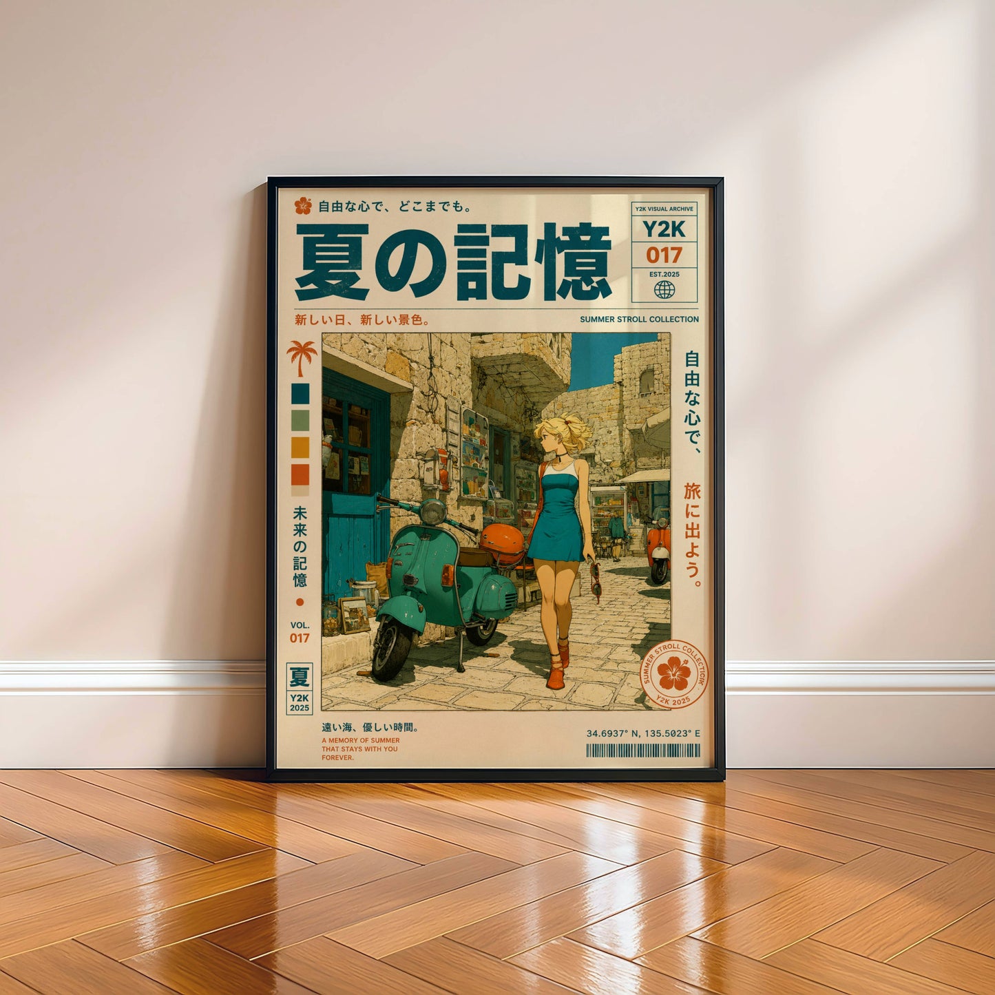 Scooter Rendez-vous – Y2K Summer Girl Poster, Mediterranean Stone Village, Vintage Vespa Aesthetic, Coastal Holiday Wall Art