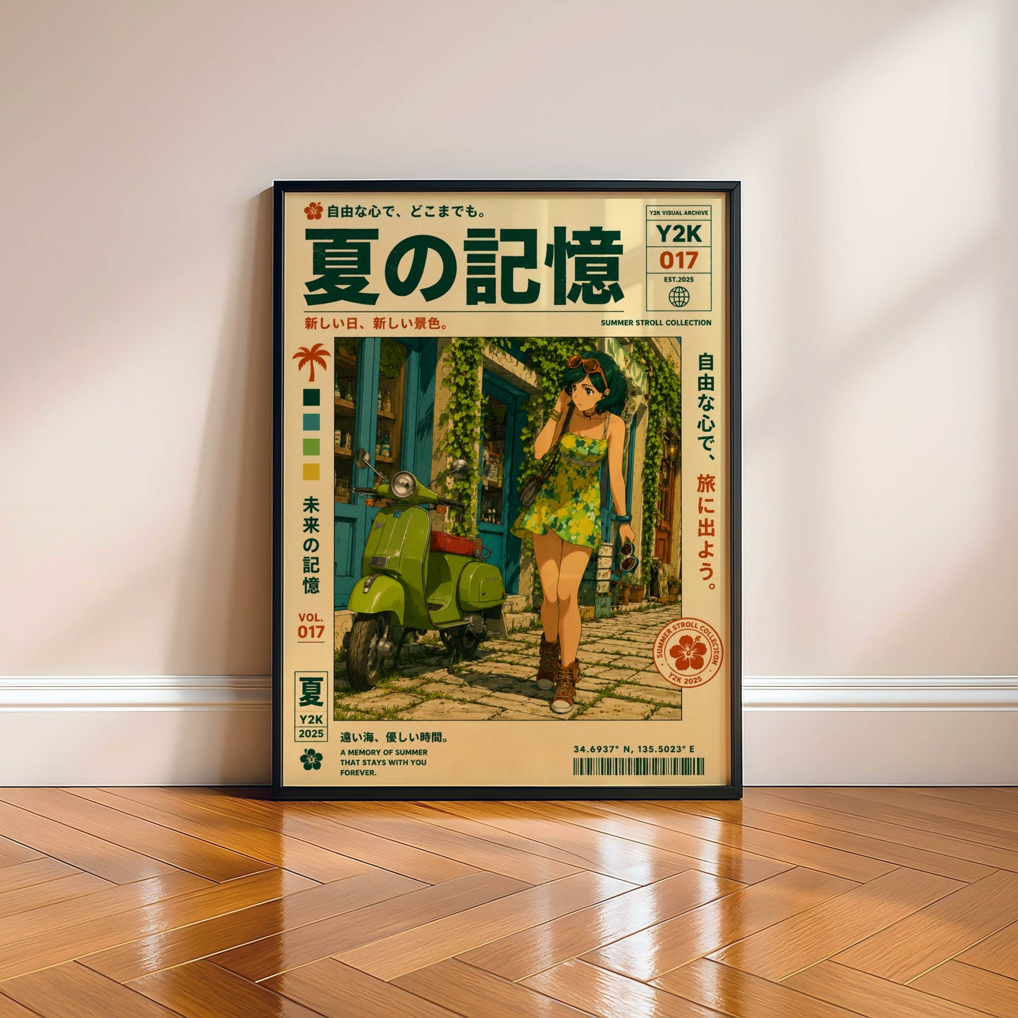 Lime Vespa Summer Days – Y2K Mediterranean Girl Poster, Coastal Village Escape, Vintage Holiday Aesthetic Wall Art