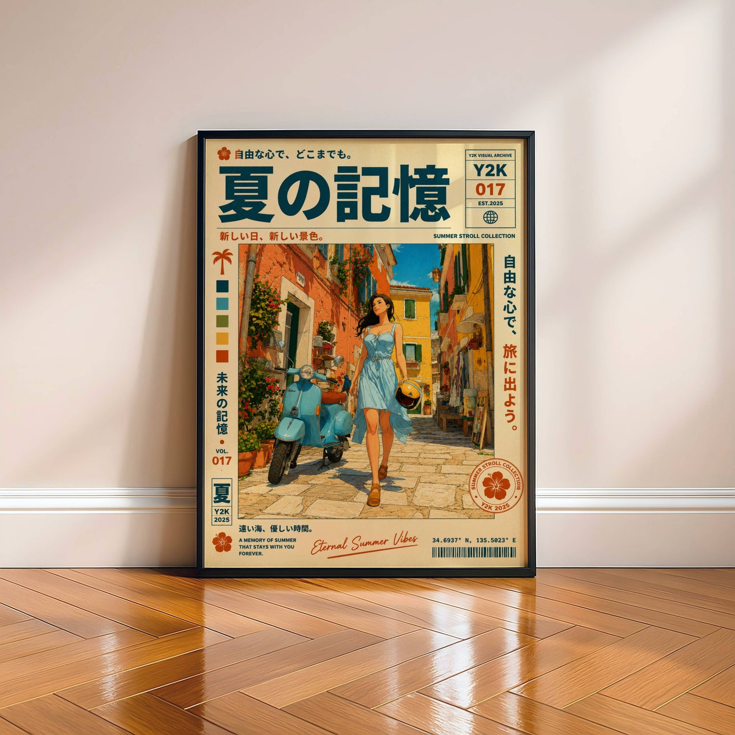 Sunlit Vespa Boulevard – Y2K Mediterranean Summer Poster, Blue Scooter Girl, Coastal Village Wanderlust, Vintage Travel Art