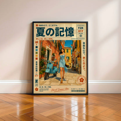 Sunlit Vespa Boulevard – Y2K Mediterranean Summer Poster, Blue Scooter Girl, Coastal Village Wanderlust, Vintage Travel Art