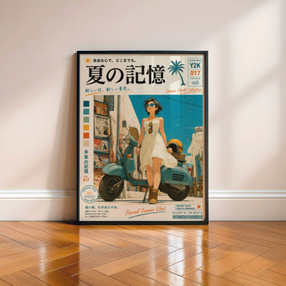 White Dress, Blue Horizons – Y2K Mediterranean Summer Poster, Vintage Scooter Aesthetic, Seaside Escape Wall Art, Coastal Dreamscape