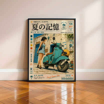 Blue Vespa Afternoon – Y2K Summer Memories Poster, Mediterranean Scooter Girl, Vintage Coastal Street Scene, Retro Travel Print