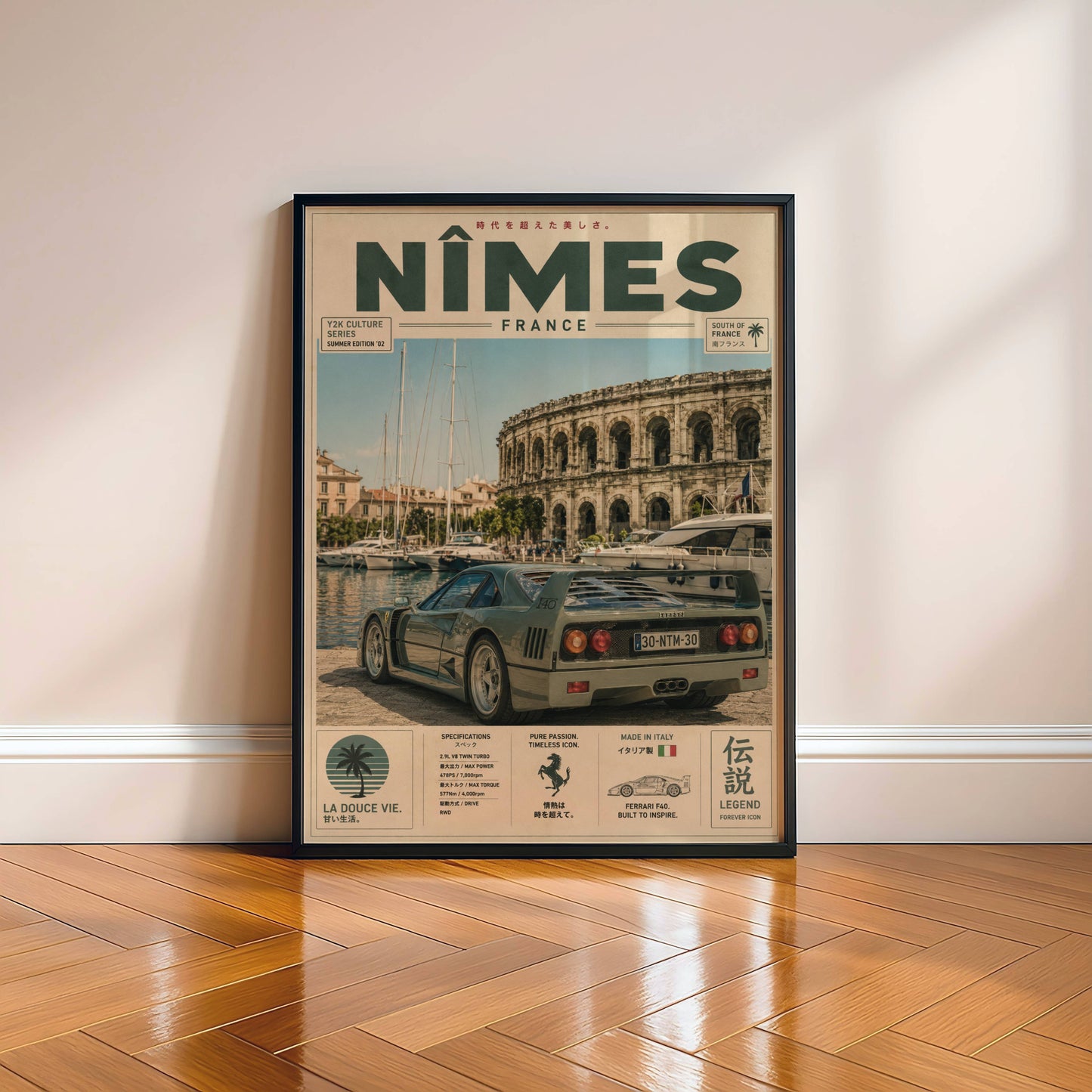 Ferrari F40 Nîmes Vintage Travel Poster – Affiche Automobile Rétro France & Supercar Iconique