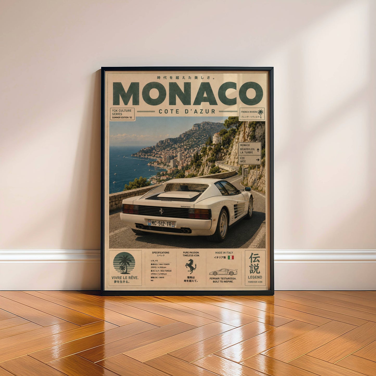 Ferrari Testarossa Monaco Riviera Poster – Affiche Vintage Côte d’Azur & Supercar Italienne